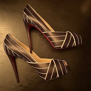 CHRISTIAN LOUBOUTIN peep toe stilettos with black & white pinstripe-AUTHENTIC